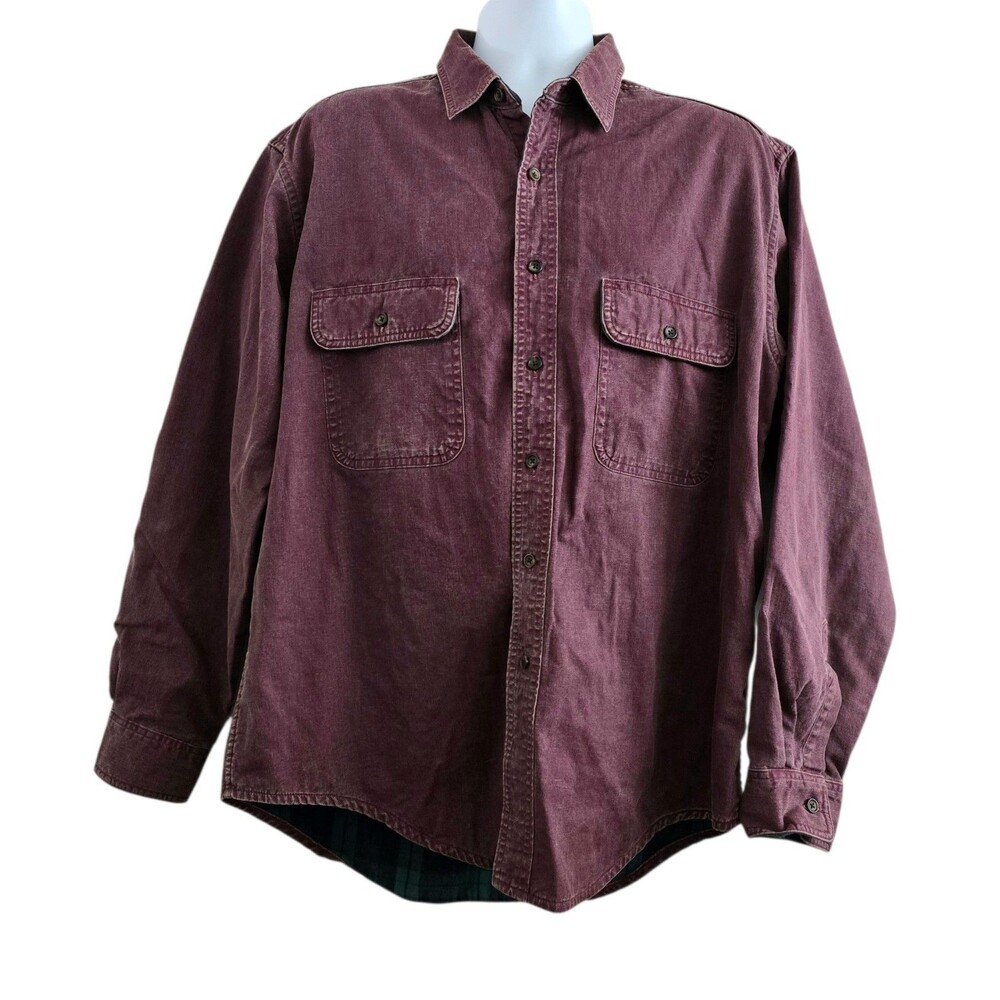 LL Bean Vintage Shirt Shacket Mens Large Plum Denim Plaid Flannel Lined Work